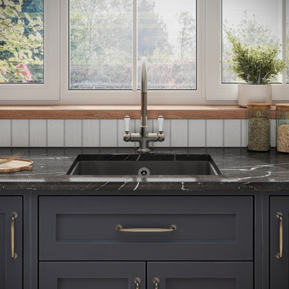 Nuie Single Bowl 548 x 442 x 197mm Fireclay Soft Black Rectangular Inset Sink