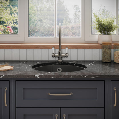 Nuie Single Bowl 460 x 191mm Fireclay Soft Black Round Inset Sink With Central Waste and Overflow