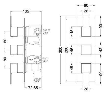 Sanford Triple Thermostatic Valve With Diverter