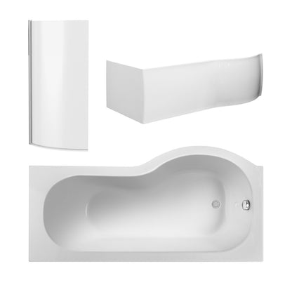 Nuie 1700mm x 850mm White P-Shaped Left Hand Shower Bath, Curved Bath Screen, Side Panel and Adjustable Leg Set