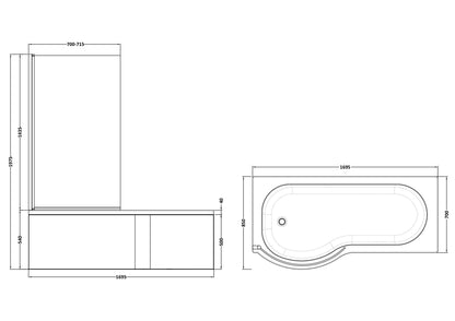Nuie 1700mm x 850mm White P-Shaped Left Hand Shower Bath, Curved Bath Screen, Side Panel and Adjustable Leg Set