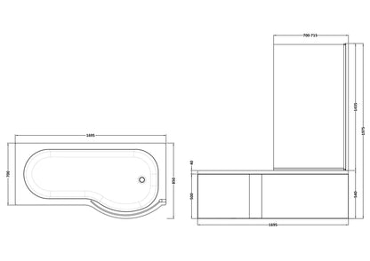 Nuie 1700mm x 850mm White P-Shaped Right Hand Shower Bath, Curved Bath Screen, Side Panel and Leg Set