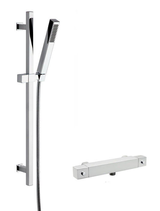 Nuie Contemporary Square Chrome Exposed Manual Bar Valve & Single Function Slide Rail Shower Kit