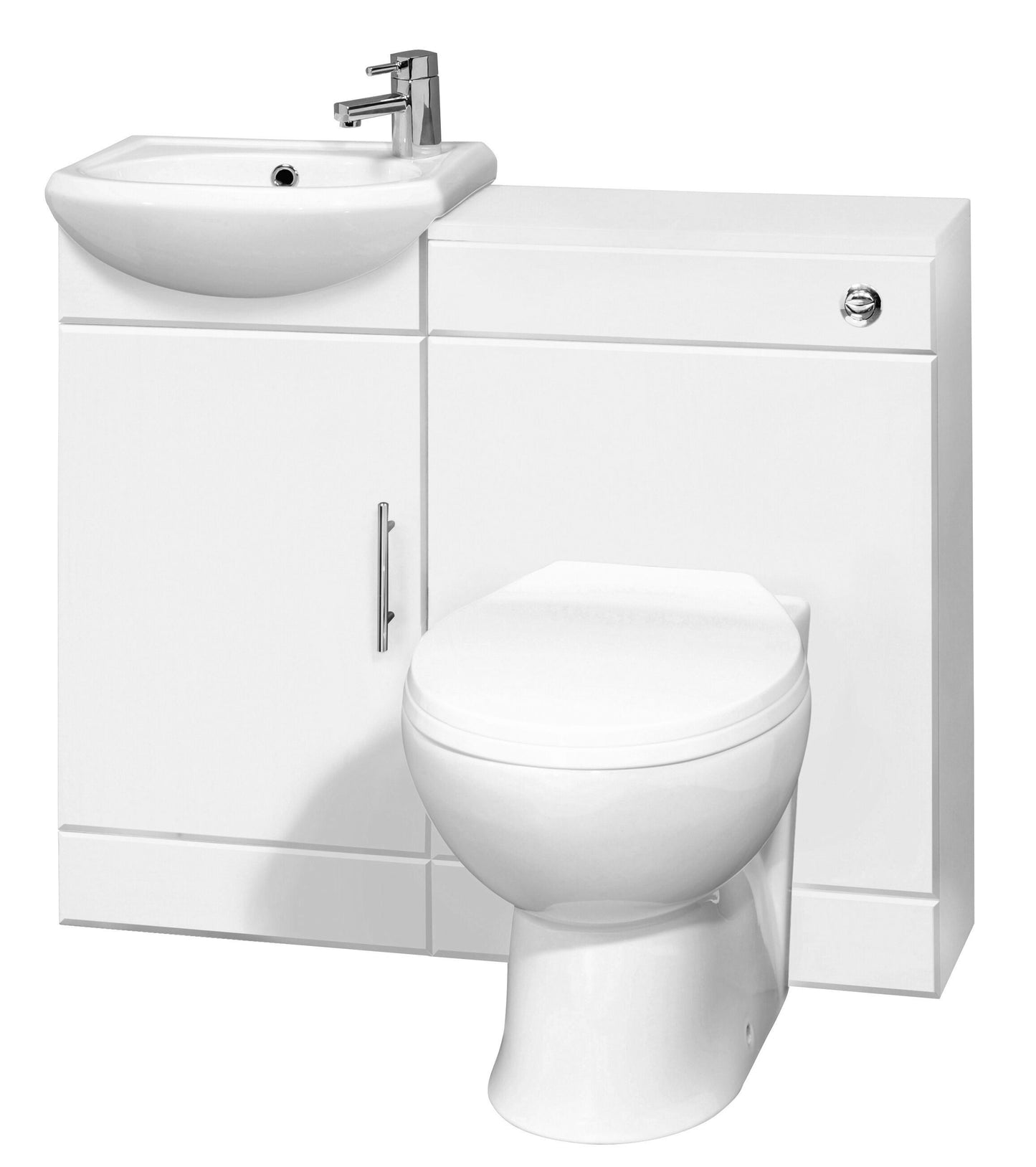 Nuie 900mm Gloss White Cabinet, Basin, WC Unit, Cistern, Back to Wall Toilet Pan, and Soft Close Seat