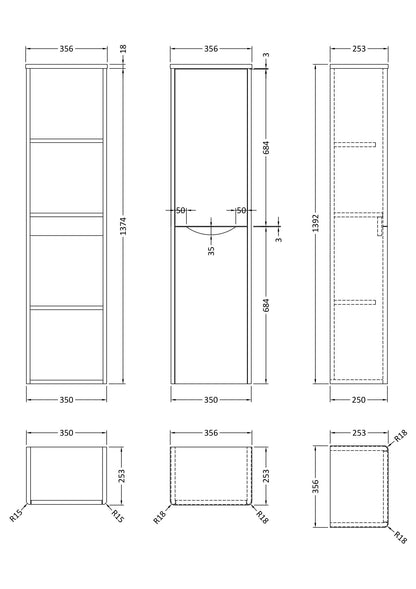 Nuie Lunar 356mm 1 Door Satin Blue Wall Hung Tall Cabinet With Handles