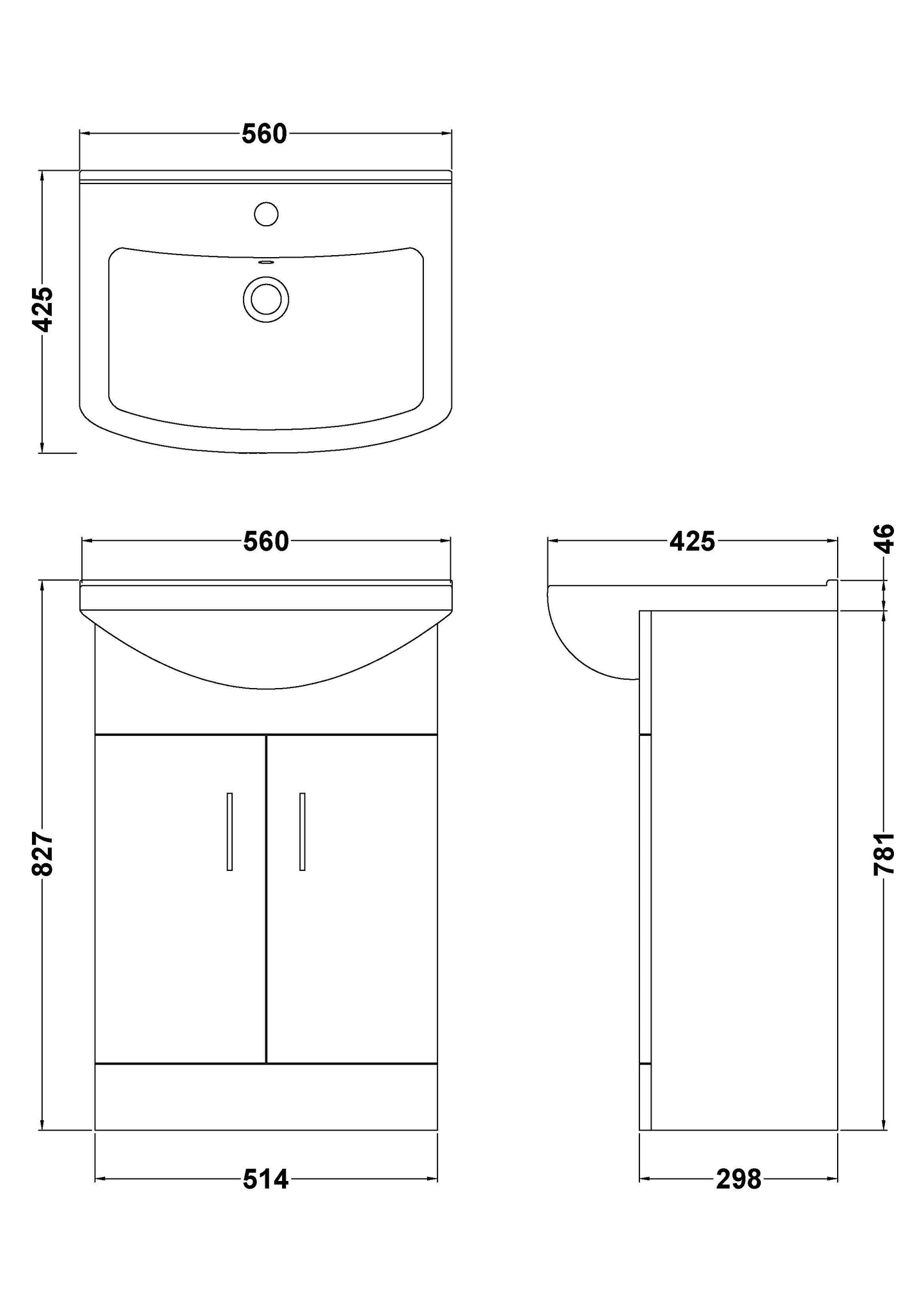 Nuie Mayford 550mm Gloss White Floor Standing 2 Door Vanity Unit with Rectangular Basin With Soft Close Doors