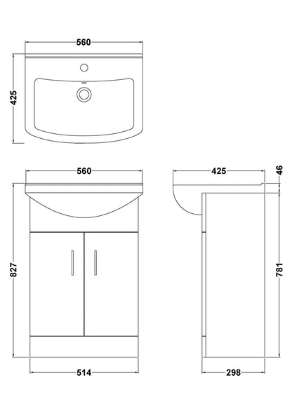 Nuie Mayford 550mm Gloss White Floor Standing 2 Door Vanity Unit with Rectangular Basin With Soft Close Doors
