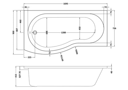 B-Shaped Shower Sath Left Hand 1700mm - No Leg Set