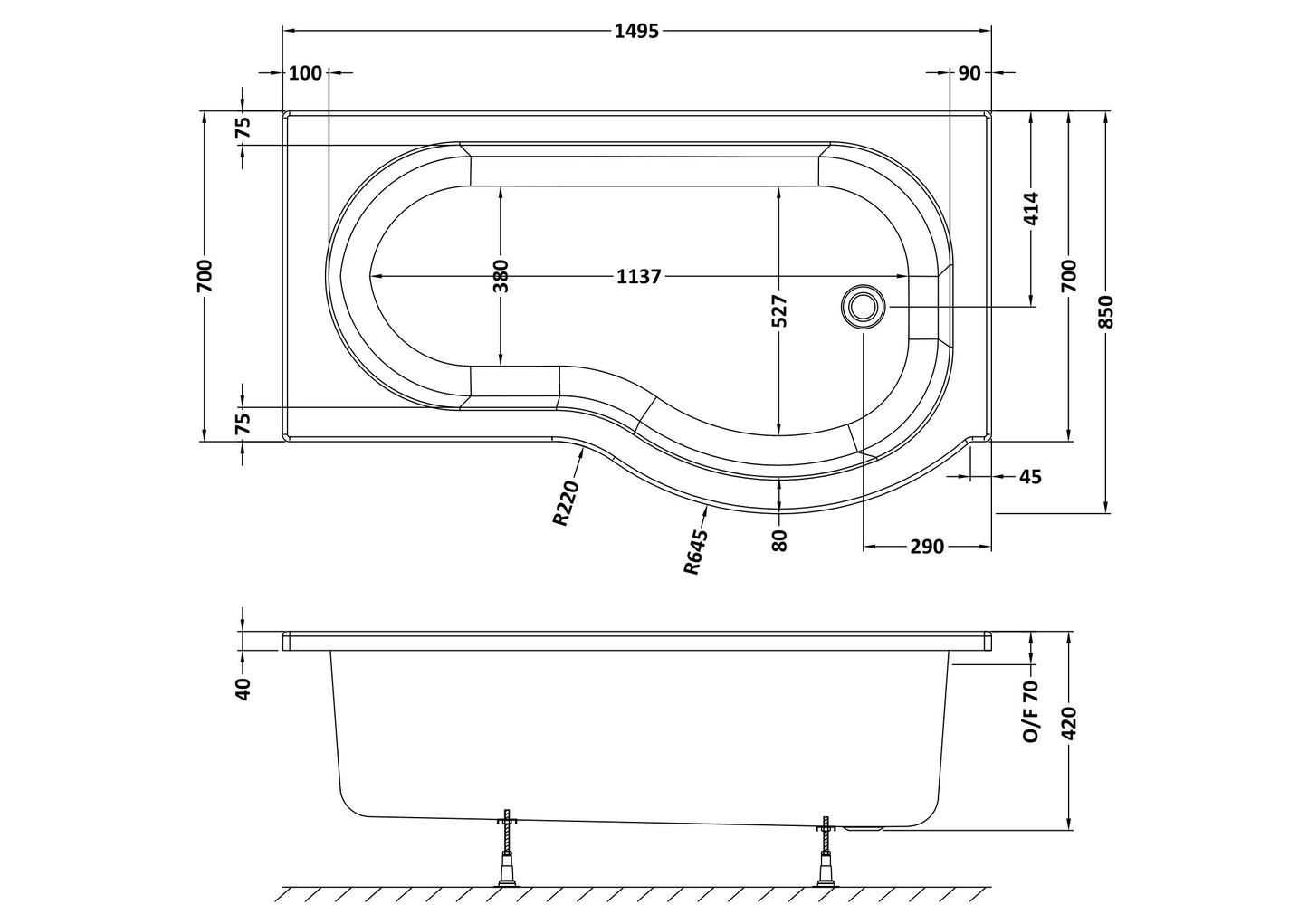 Nuie 1500mm Right-Hand P Shaped Shower Bath With Legs