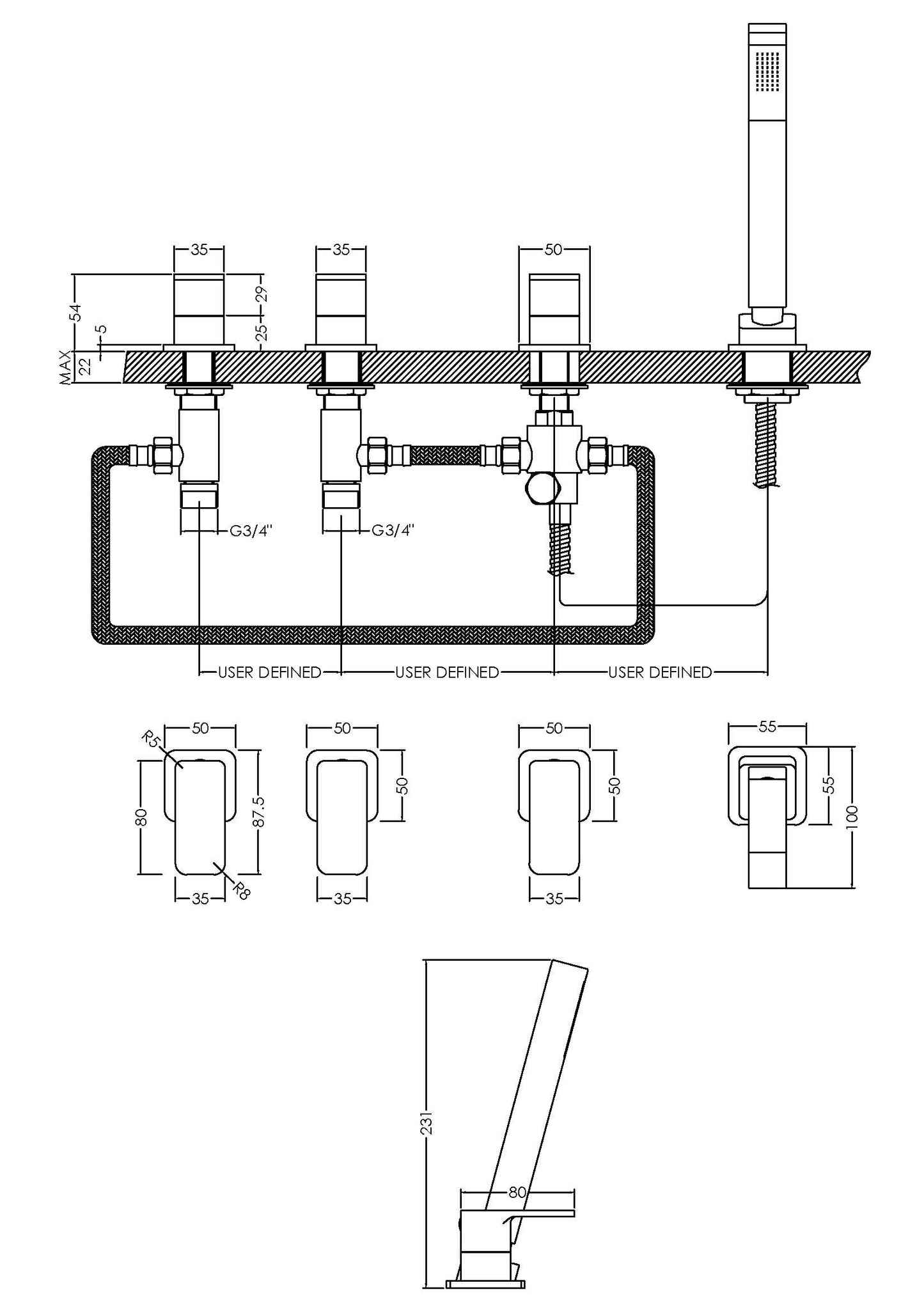 Windon Deck Mounted 4 Tap Hole Bath Shower Mixer No Spout