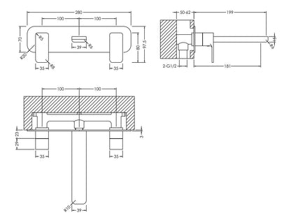 Windon Wall Mounted 3 Tap Hole Basin Mixer With Plate