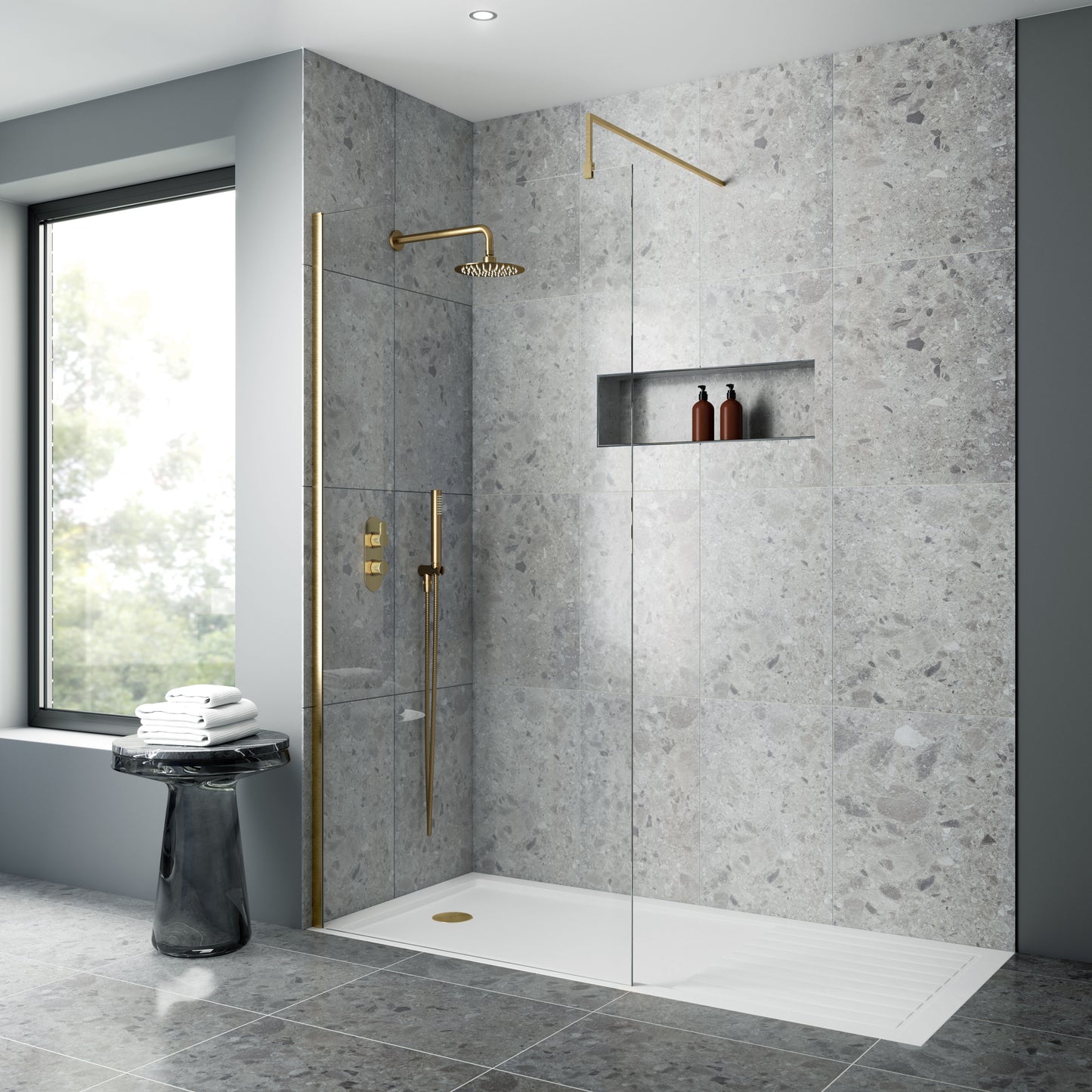 Nuie 1000mm Semi-Frameless Brushed Brass Wetroom Screen With Support Bar
