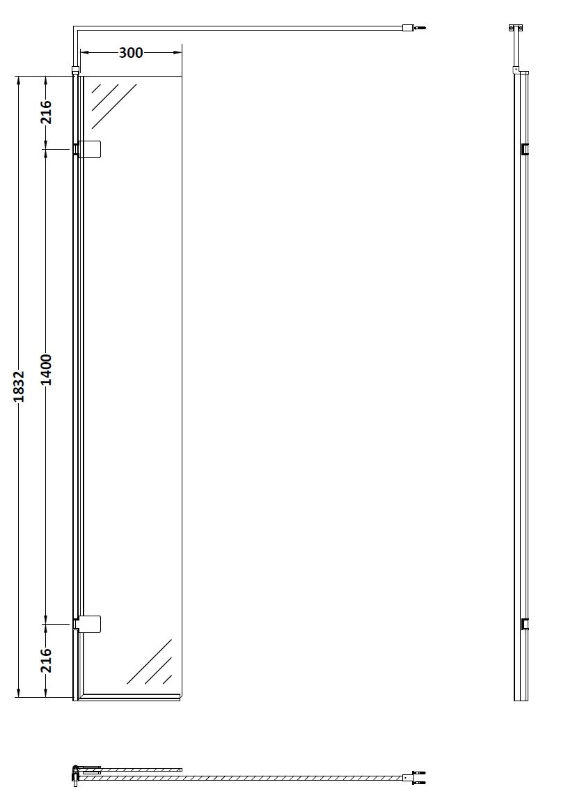 Nuie 322mm Semi-Frameless Brushed Brass Wetroom Screen With Support Bar