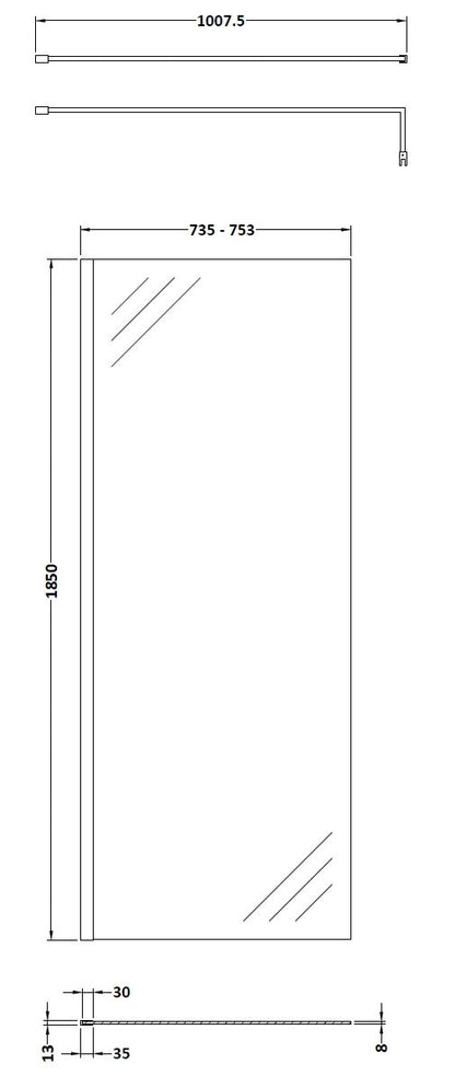 Nuie 760mm Semi-Frameless Brushed Brass Wetroom Screen With Support Bar