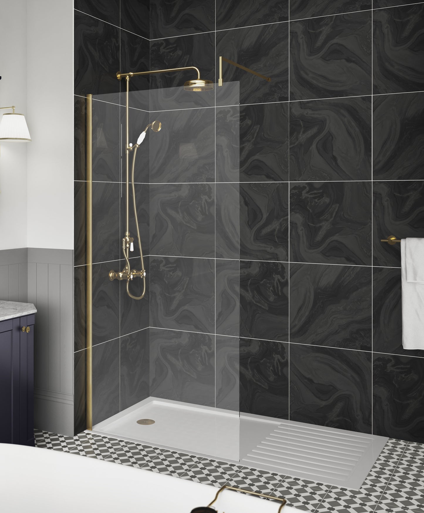 Nuie 1400mm Semi-Frameless Brushed Brass Wetroom Screen With Support Bar