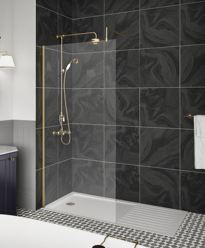 Nuie 1400mm Semi-Frameless Brushed Brass Wetroom Screen With Support Bar