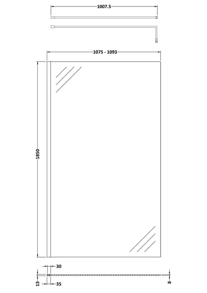 Nuie 1100mm Semi-Frameless Matt Black Wetroom Screen With Support Bar