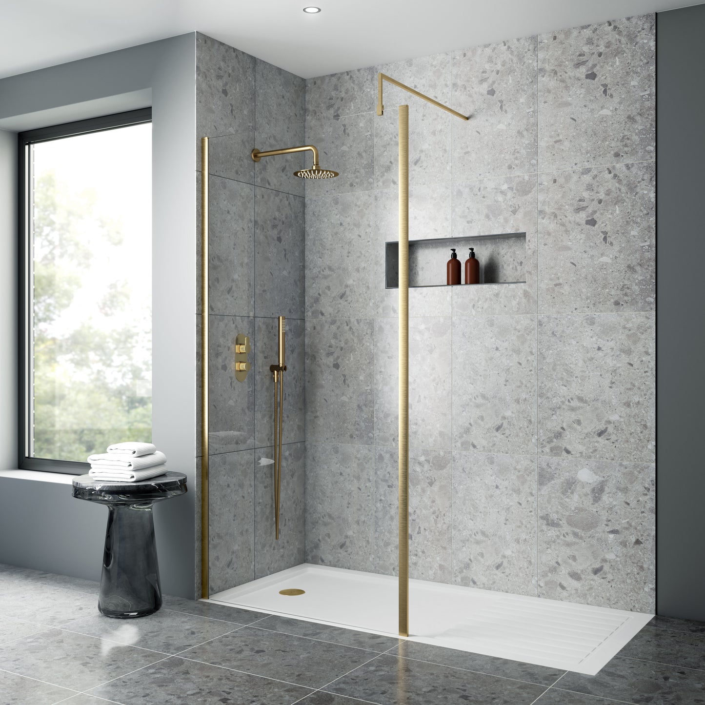 Nuie 1400mm Framed Brushed Brass Wetroom Screen With Support Bar