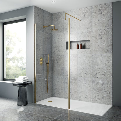 Nuie 1400mm Framed Brushed Brass Wetroom Screen With Support Bar