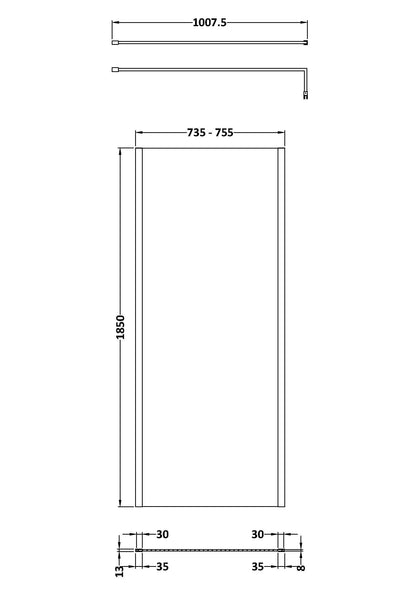 Nuie 760mm Framed Brushed Brass Wetroom Screen With Support Bar