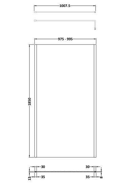 Nuie 1000mm Framed Matt Black Wetroom Screen With Support Bar