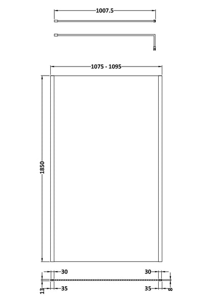 Nuie 1100mm Framed Matt Black Wetroom Screen With Support Bar