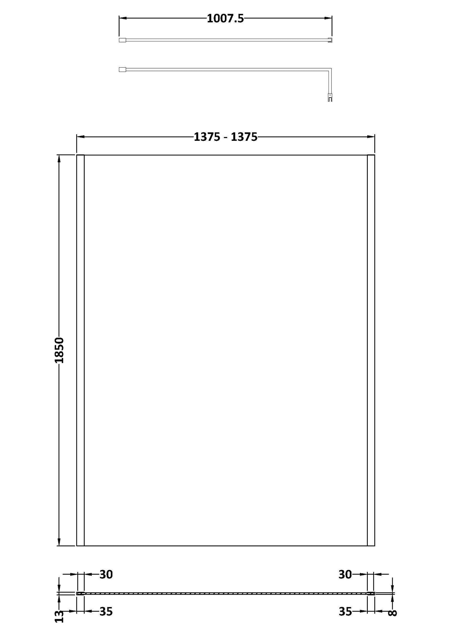 Nuie 1400mm Framed Matt Black Wetroom Screen With Support Bar