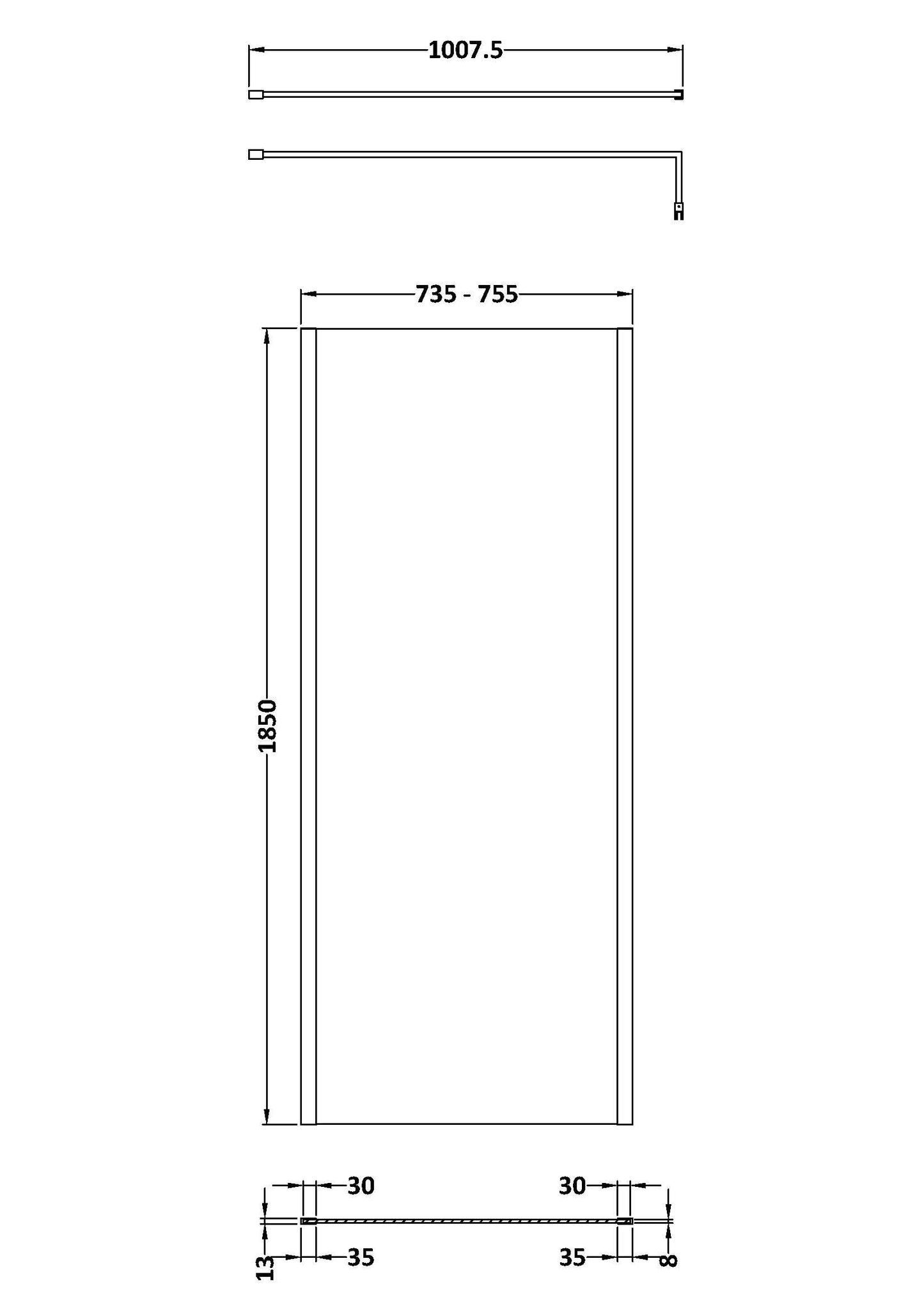Nuie 760mm Framed Matt Black Wetroom Screen With Support Bar