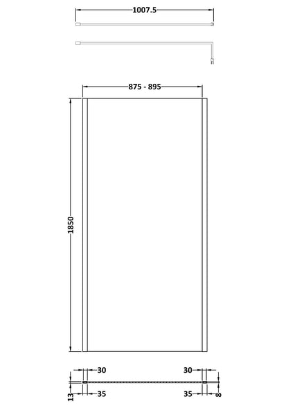 Nuie 900mm Framed Matt Black Wetroom Screen With Support Bar
