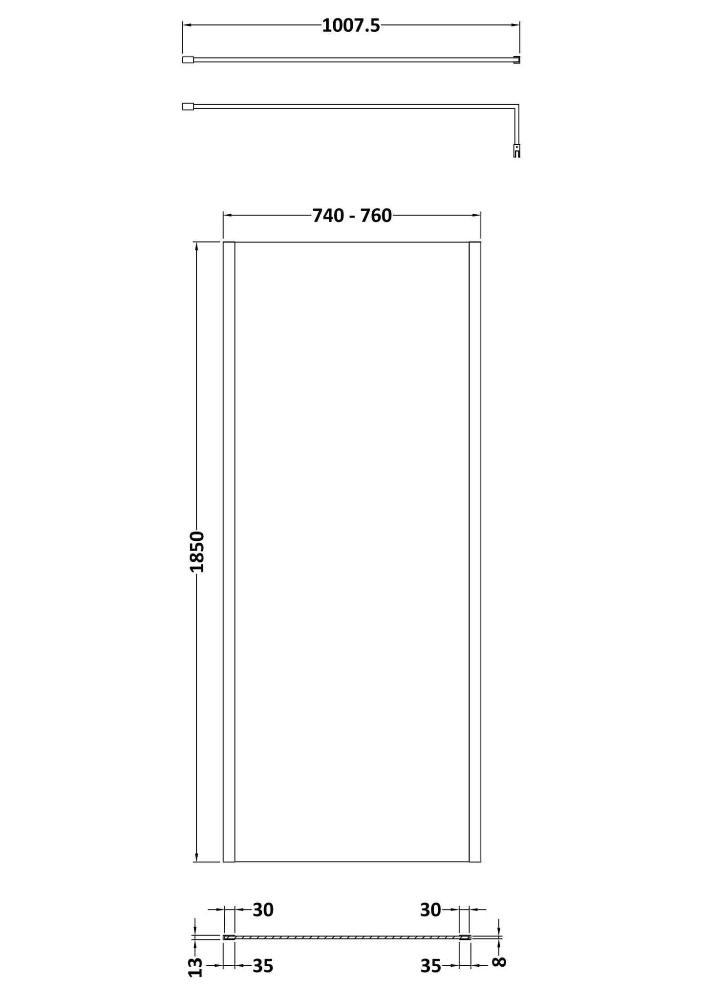 Nuie 758mm Outer Frame Brushed Pewter Wetroom Panel