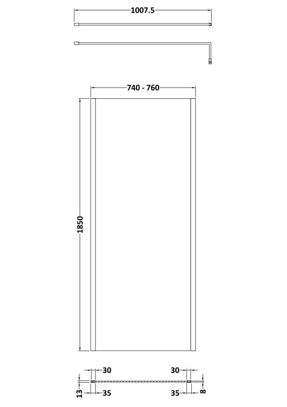 Nuie 758mm Outer Frame Brushed Pewter Wetroom Panel